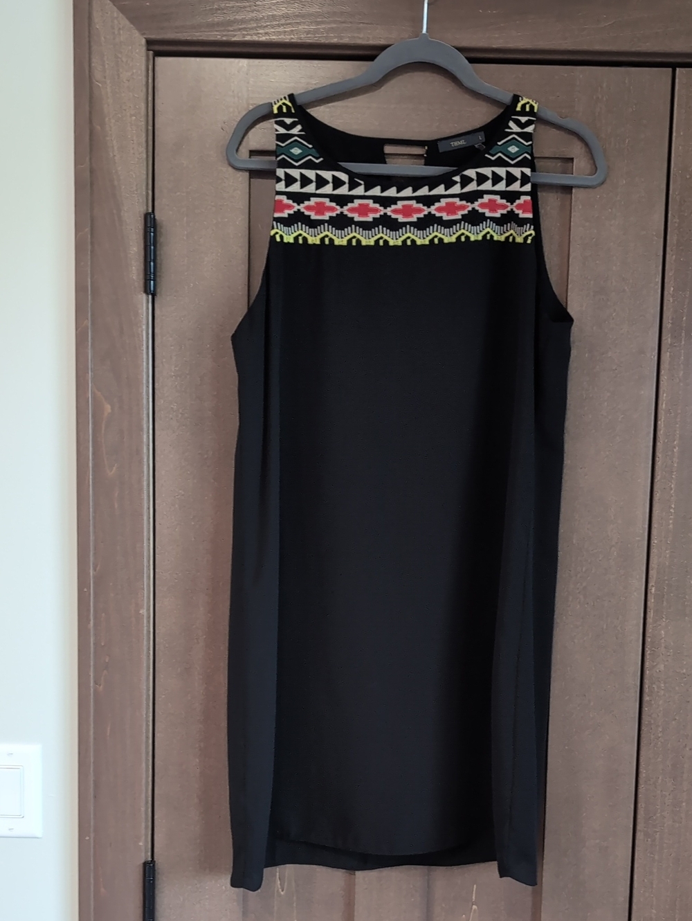 THML Black Midi Dress with Neon Yellow, Coral, Teal & White Embroidered Yoke